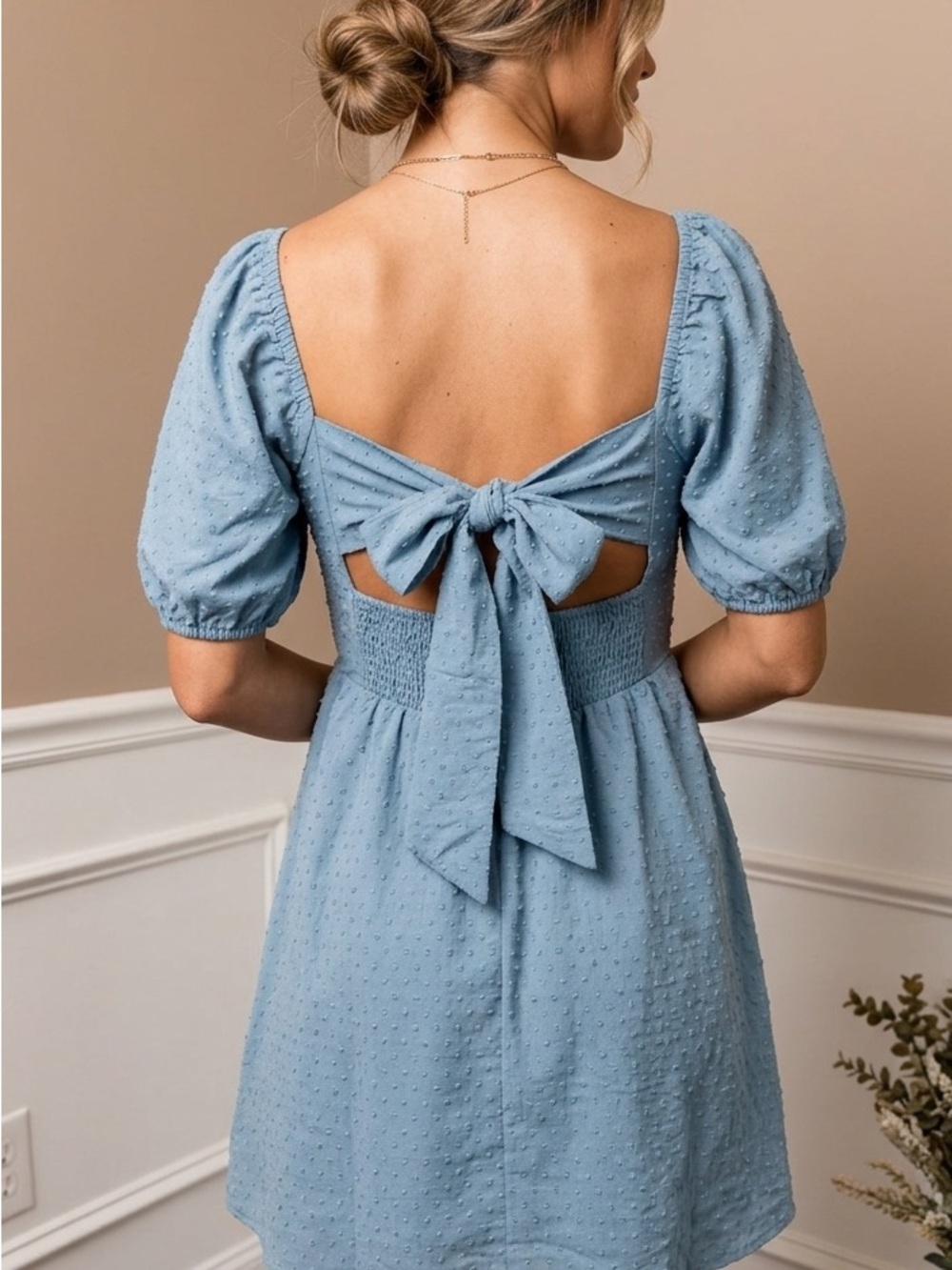 Altar'd State Blue Swiss Dot Puff Sleeve Tie Back Dress Mini Cottagecore